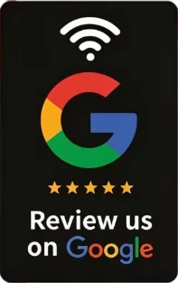 Svart NFC-kort i kortformat med Google-logo og teksten Review us on Google